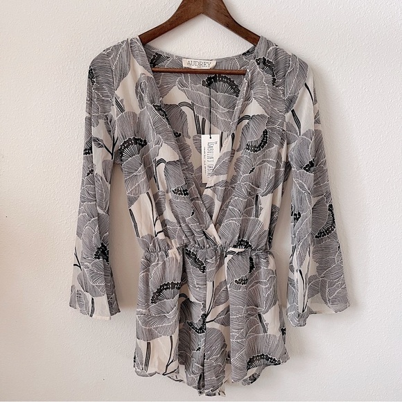 Audrey 3+1 Pants - Audrey 3+1 Black Cream Gold Long Slave Floral Wrap Summer Festival Romper